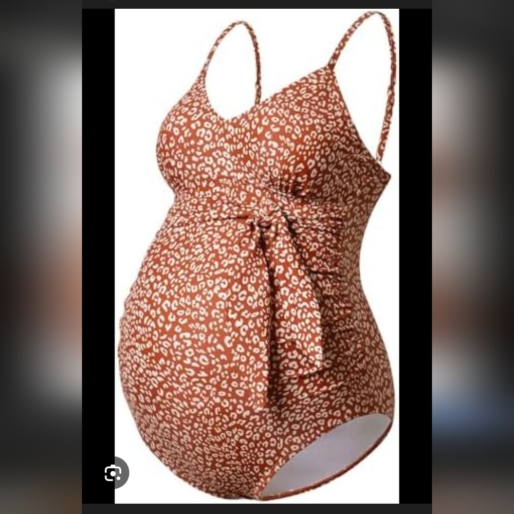 Isabel Maternity by Ingrid Rust /beige Print Maternity One-Piece Swimsuit Sz M